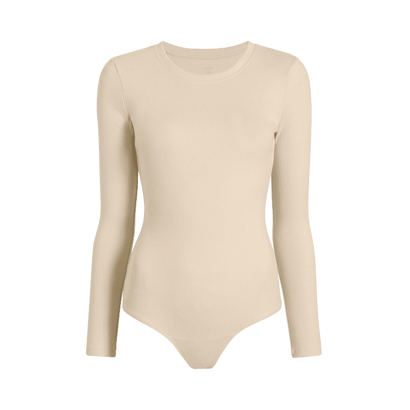 NUD069 W005 Women s Ribbed Crewneck Bodysuit Ls Bone Bone Gcopy