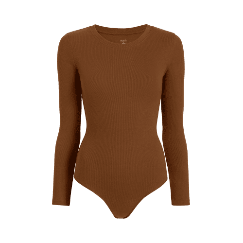 NUD072 W005 Women s Ribbed Crewneck Bodysuit Ls Chocolate Chocolate Gcopy