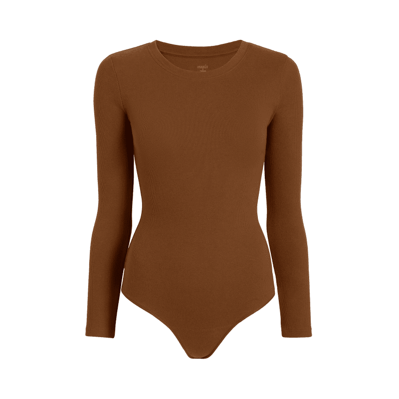 NUD072 W005 Women s Ribbed Crewneck Bodysuit Ls Chocolate Chocolate Gcopy