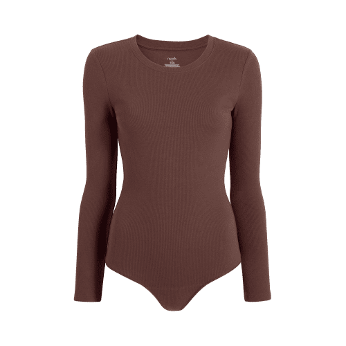 NUD073 W005 Women s Ribbed Crewneck Bodysuit Ls Coffee Coffee Gcopy