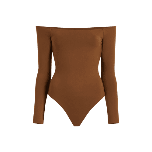 NUD156 W 008 BODYSUIT SQ NECK LS Chocolate Front Ghost