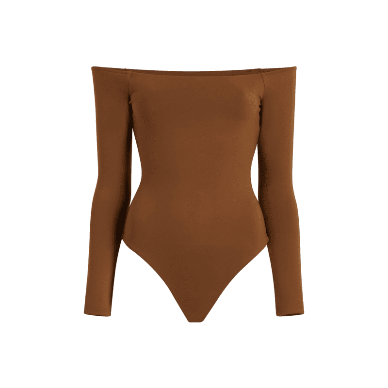 NUD156 W 008 BODYSUIT SQ NECK LS Chocolate Front Ghost