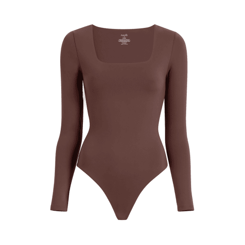 NUD157 W 008 BODYSUIT SQ NECK LS Coffee Front Ghost