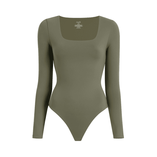 NUD158 W 008 BODYSUIT SQ NECK LS Dark Olive Front Ghost