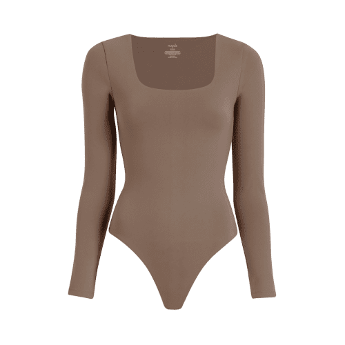 NUD159 W 008 BODYSUIT SQ NECK LS Mocha Front Ghost