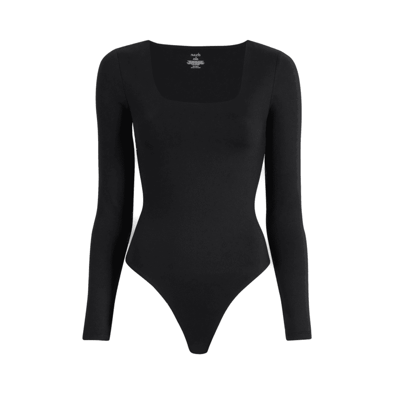 NUD160 W 008 BODYSUIT SQ NECK LS Black Front Ghost