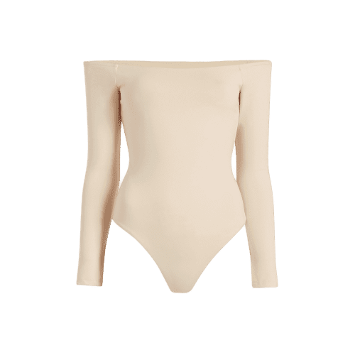 NUD162 W 028 OFF THE SHOULDER LS BODYSUIT SEAMLESS Bone Front Ghost