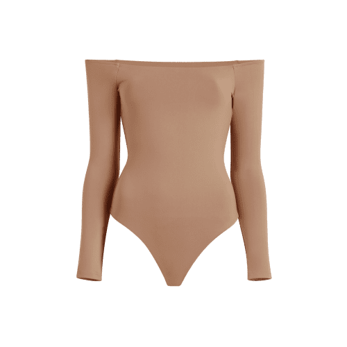 NUD164 W 028 OFF THE SHOULDER LS BODYSUIT SEAMLESS Cinnamon Front Ghost