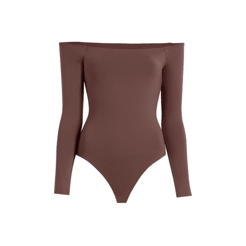 NUD167 W 028 OFF THE SHOULDER LS BODYSUIT SEAMLESS Coffee Front Ghost