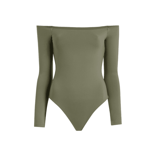 NUD168 W 028 OFF THE SHOULDER LS BODYSUIT SEAMLESS Dark Olive Front Ghost