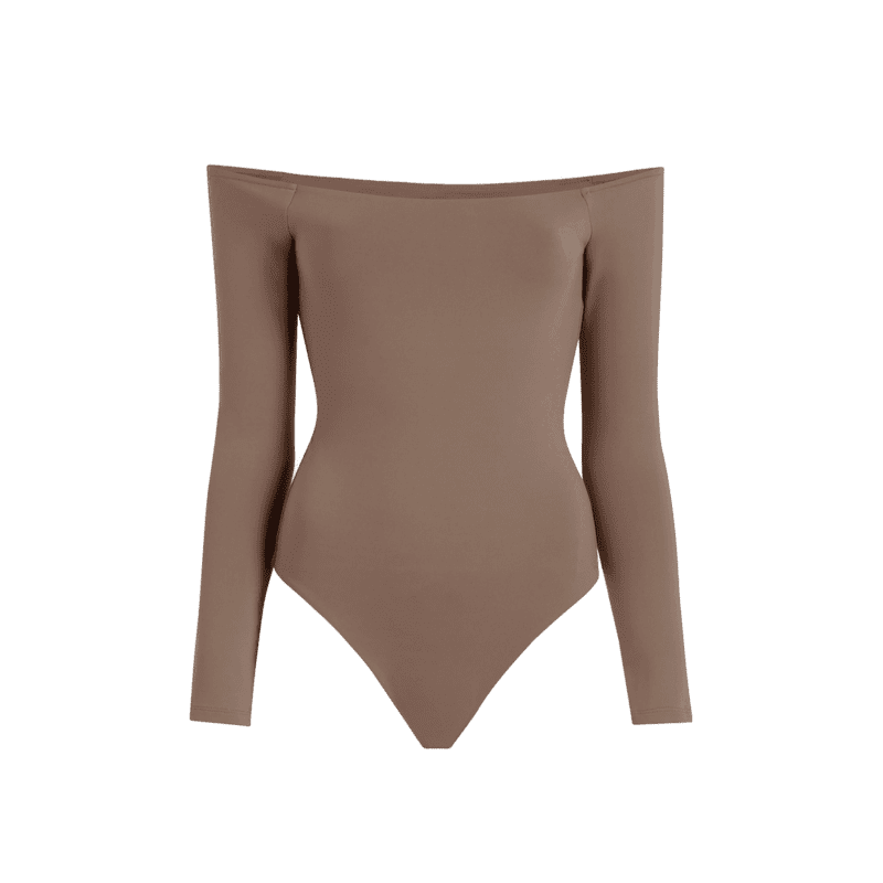 NUD169 W 028 OFF THE SHOULDER LS BODYSUIT SEAMLESS Mocha Front Ghost