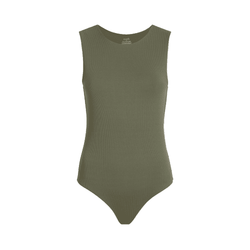 NUD244 W 034 Women s Ribbed Tank Crew Bodysuit Dark Olive Front Ghost