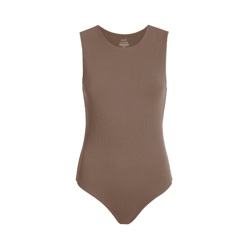 NUD245 W 034 Women s Ribbed Tank Crew Bodysuit Mocha Front Ghost