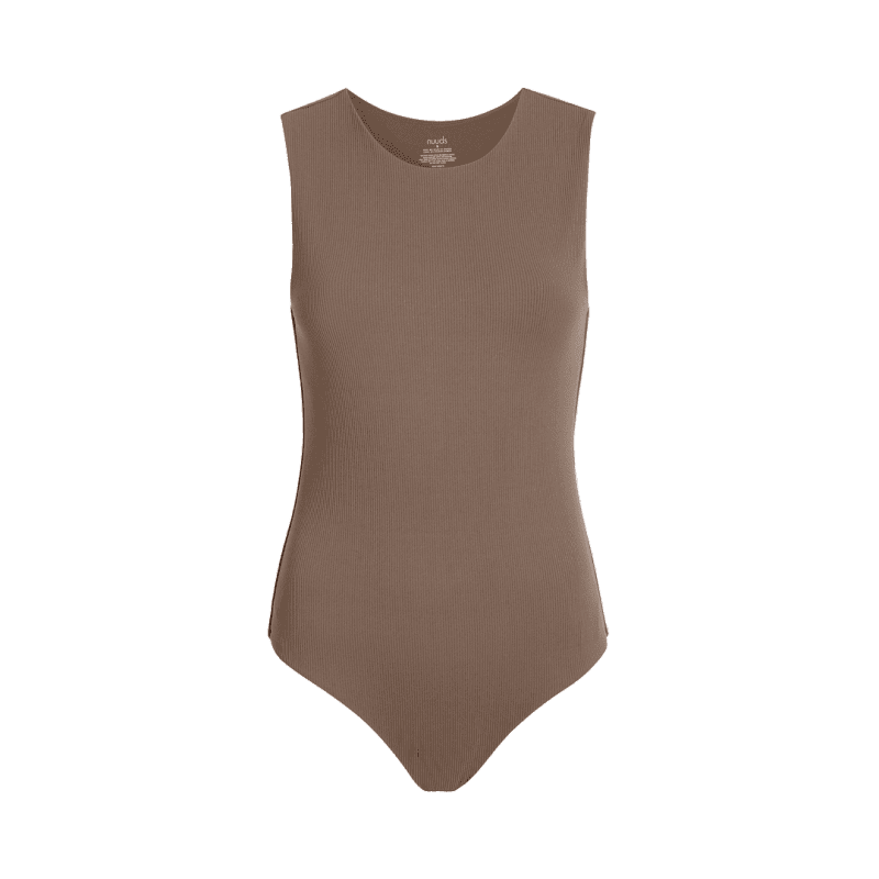 NUD245 W 034 Women s Ribbed Tank Crew Bodysuit Mocha Front Ghost