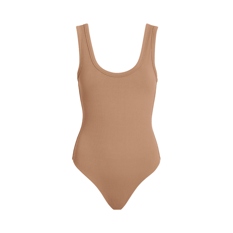 NUD248 W 035 Women s Ribbed Scoop Neck Front Back Bodysuit Cinnamon Front Ghost