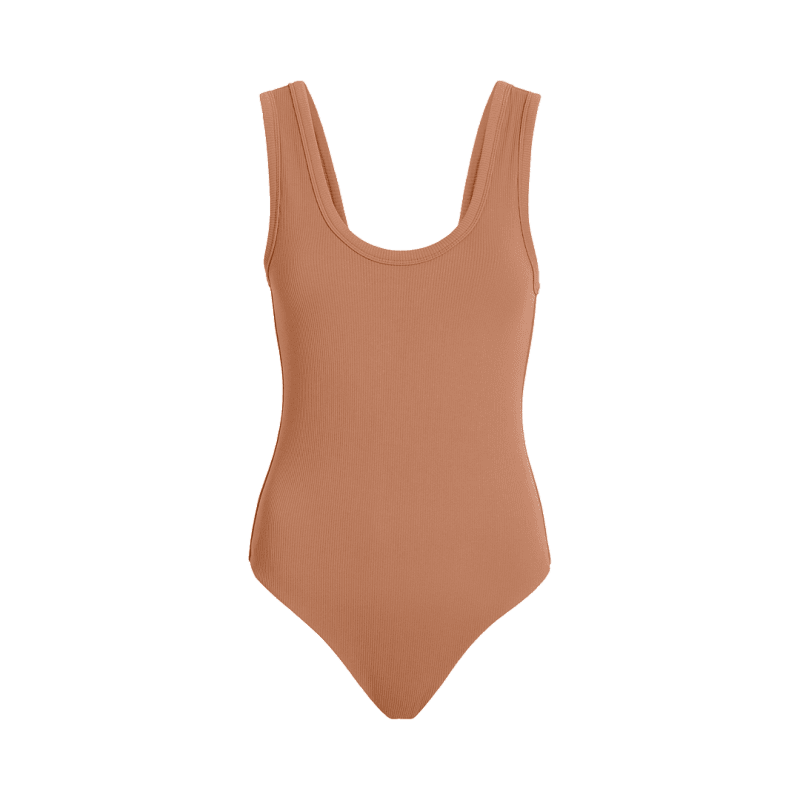 NUD249 W 035 Women s Ribbed Scoop Neck Front Back Bodysuit Clay Front Ghost