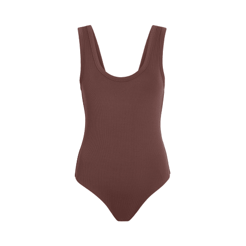 NUD250 W 035 Women s Ribbed Scoop Neck Front Back Bodysuit Coffee Front Ghost