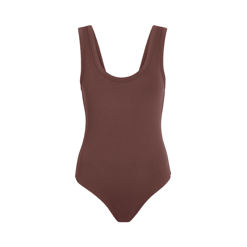 NUD250 W 035 Women s Ribbed Scoop Neck Front Back Bodysuit Coffee Front Ghost