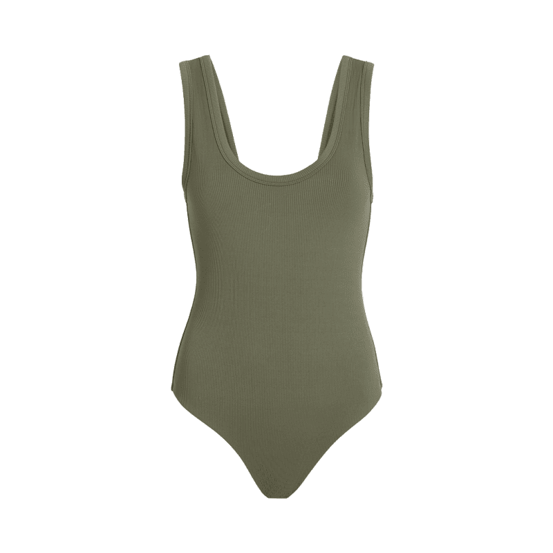 NUD251 W 035 Women s Ribbed Scoop Neck Front Back Bodysuit Dark Olive Front Ghost