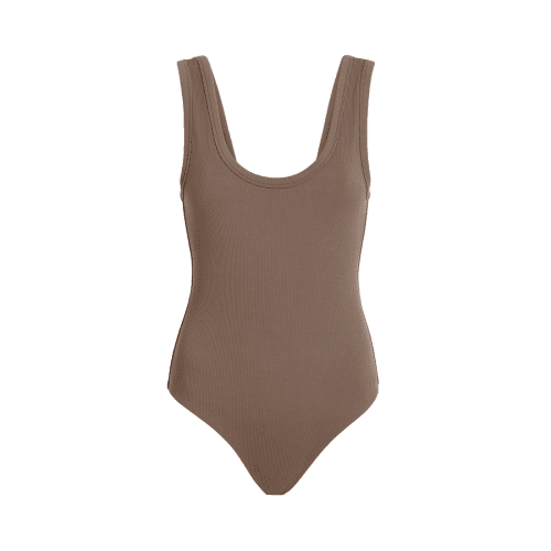 NUD252 W 035 Women s Ribbed Scoop Neck Front Back Bodysuit Mocha Front Ghost