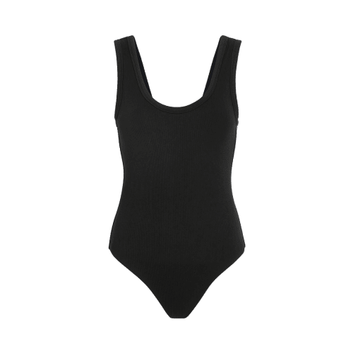 NUD253 W 035 Women s Ribbed Scoop Neck Front Back Bodysuit Black Front Ghost