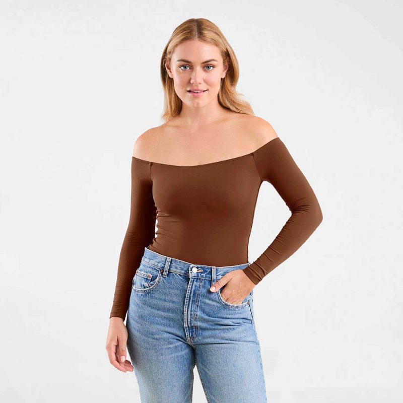 NUD544 W 036 Off The Shoulder Bodysuit Chocolate OF Front Crop 1 02672be2 ef53 4f68 bf04 cccd2c9f0dd2