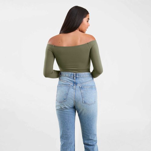 NUD546 W 036 Off The Shoulder Bodysuit Dark Olive OF Back Crop 1 83bdbca9 70c8 4b5b 9c5b afcd548348db