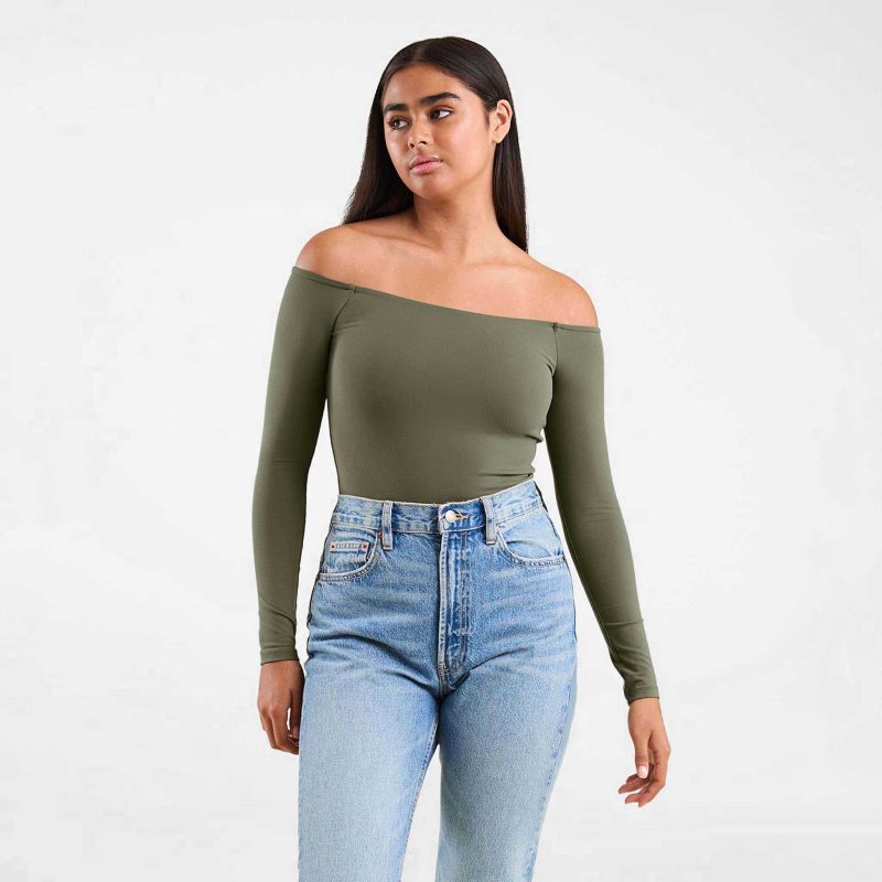 NUD546 W 036 Off The Shoulder Bodysuit Dark Olive OF Front Crop 1 6ce38956 8410 4a67 8c7a b2867ab94cb8