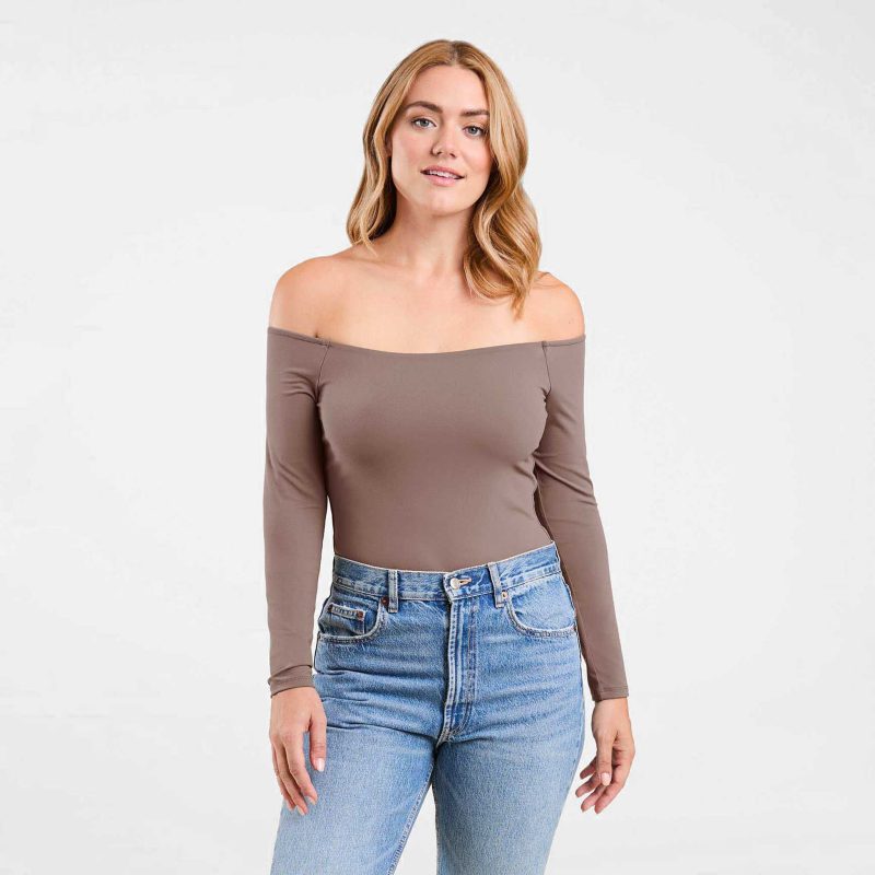 NUD547 W 036 Off The Shoulder Bodysuit Mocha OF Front Crop 1