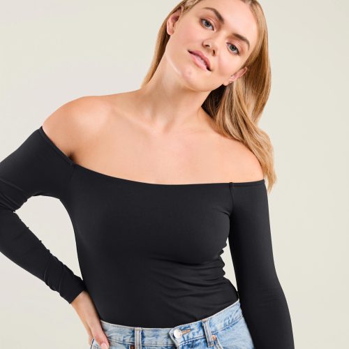 NUD548 W 036 Off The Shoulder Bodysuit Black OF Alt Crop 1