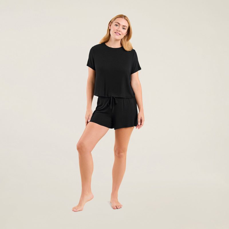 NUD579 WS 074 076 Ribbed Pajama Shorts Set Black OF Full Front 1