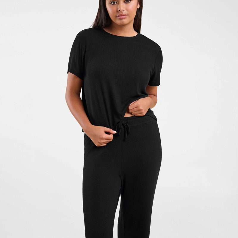 NUD591 WS 074 075 Ribbed Pajama Set Black OF Alt Crop 1