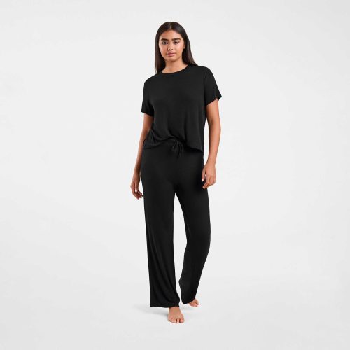 NUD591 WS 074 075 Ribbed Pajama Set Black OF Front Crop 1