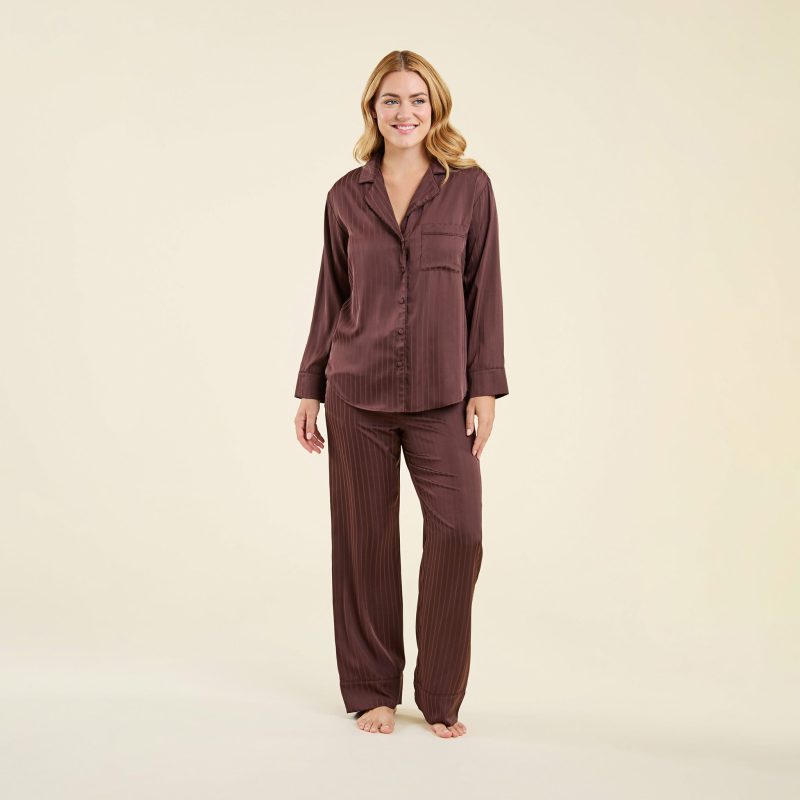 NUD677 WS 081 082 Satin Pajama Set Coffee OF Full Front 1