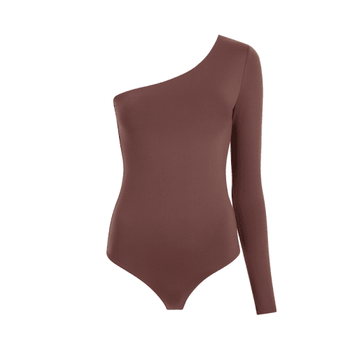 TNS131 W 084 One Shoulder Bodysuit Coffee OM Front 1