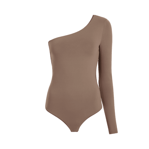 TNS132 W 084 One Shoulder Bodysuit Mocha OM Front 1