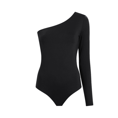 TNS133 W 084 One Shoulder Bodysuit Black OM Front 1