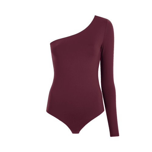 TNS134 W 084 One Shoulder Bodysuit Merlot OM Front 1