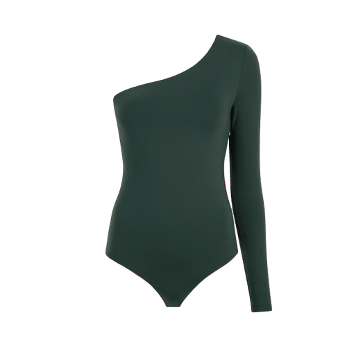 TNS135 W 084 One Shoulder Bodysuit Evergreen OM Front 1