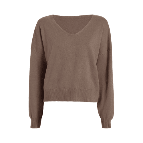 TNS159 W 111 Cozy Knit V Neck Sweater Mocha OM Front 1