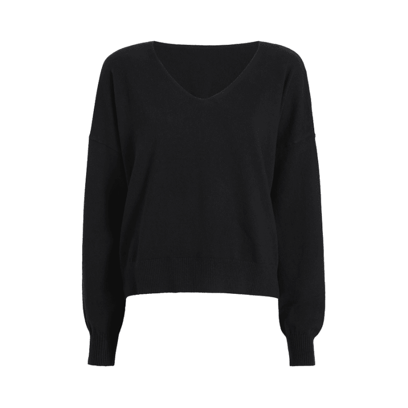 TNS160 W 111 Cozy Knit V Neck Sweater Black OM Front 1